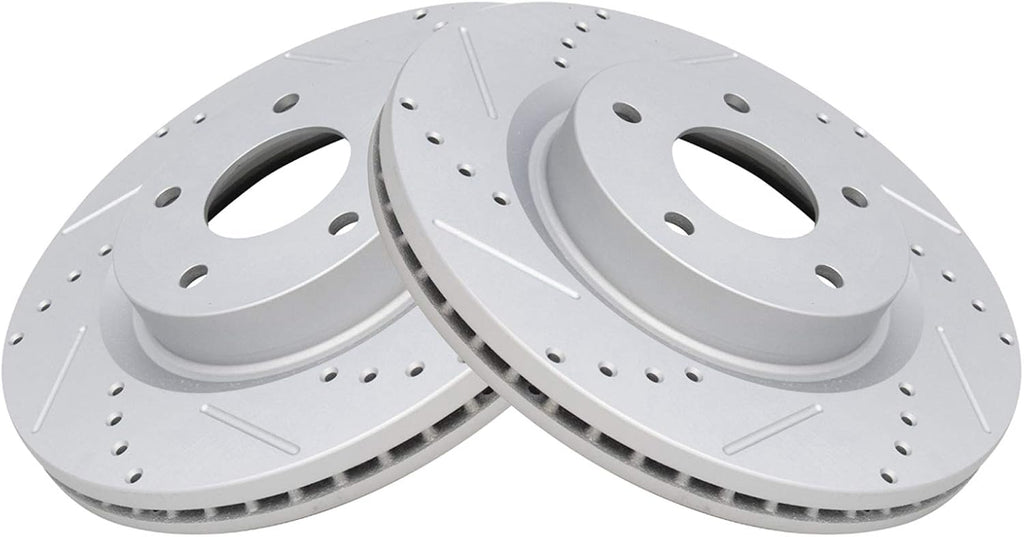 TRQ Front Brake Pad and Rotor Kit Ceramic Performance Slotted Drilled Vented Rotors G-Coated Compatible with 2013-2023 Nissan Altima