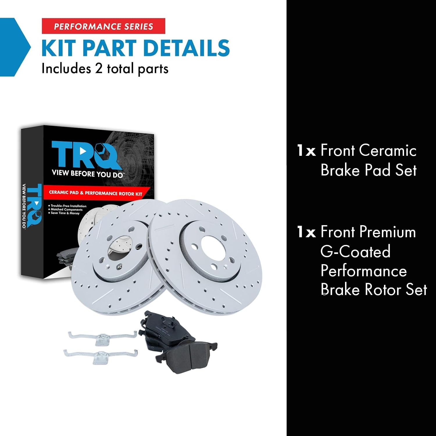 TRQ Performance Front Brake Pad and Rotor Set Ceramic Coated Drilled Slotted Rotors Compatible with 1999-2010 Volkswagen Beetle 1999-2006 Golf 1999-2005 Jetta