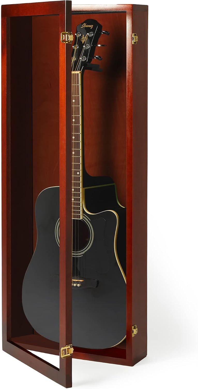 PENNZONI Acoustic Guitar Display Case - Acrylic Acoustic Guitar Case - Guitar Display Case Wall Mount Made from Hardwood Frame & Clear Acrylic - Cherry w/No Felt
