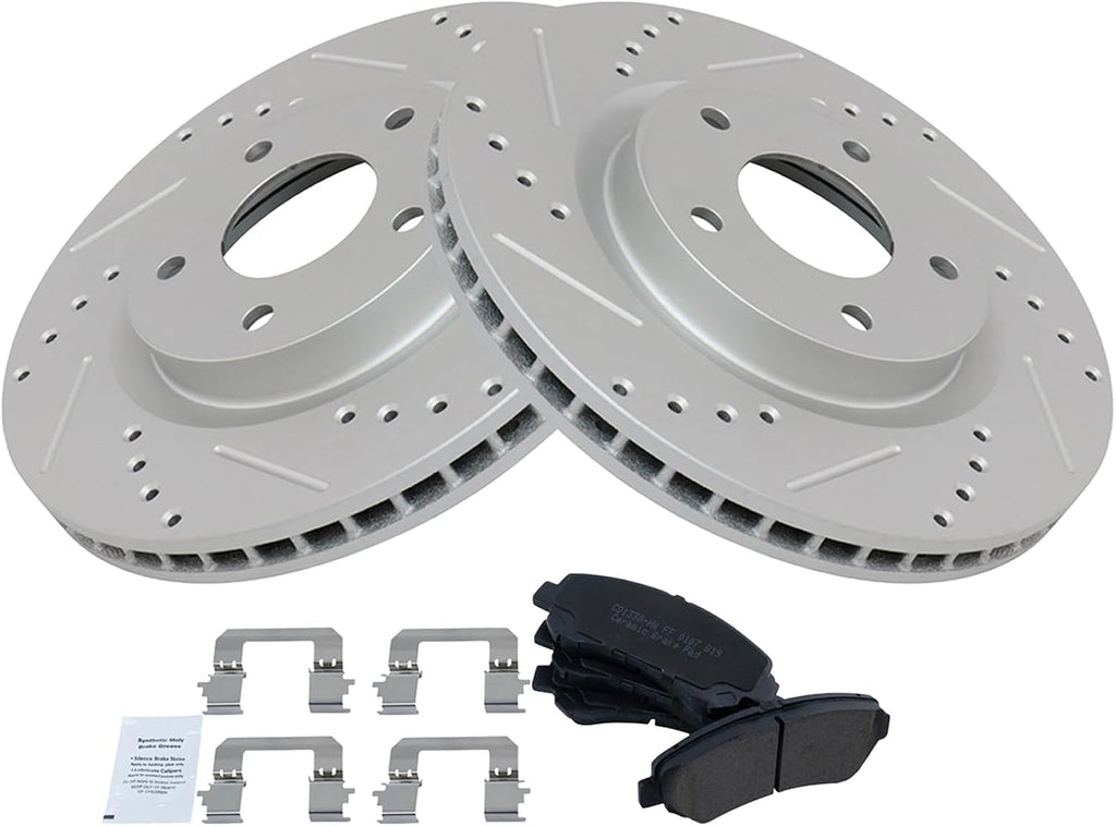 TRQ Performance Front Brake Pad and Rotor Set Ceramic Coated Drilled Slotted Vented Rotors Compatible with 2008-2013 Nissan Rogue 2014-2015 Rogue Select 2007-2008 Sentra