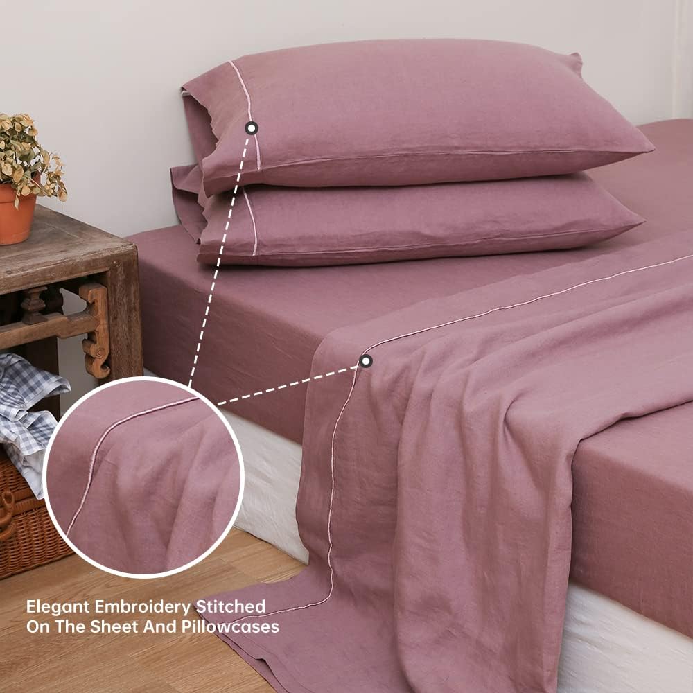 Simple&Opulence 100% Linen Sheet Set with Embroidery Washed - 4 Pieces (1 Flat Sheet & 1 Fitted Sheet & 2 Pillowcases) Natural Flax Soft Bedding Breathable Farmhouse - Purple, King Size