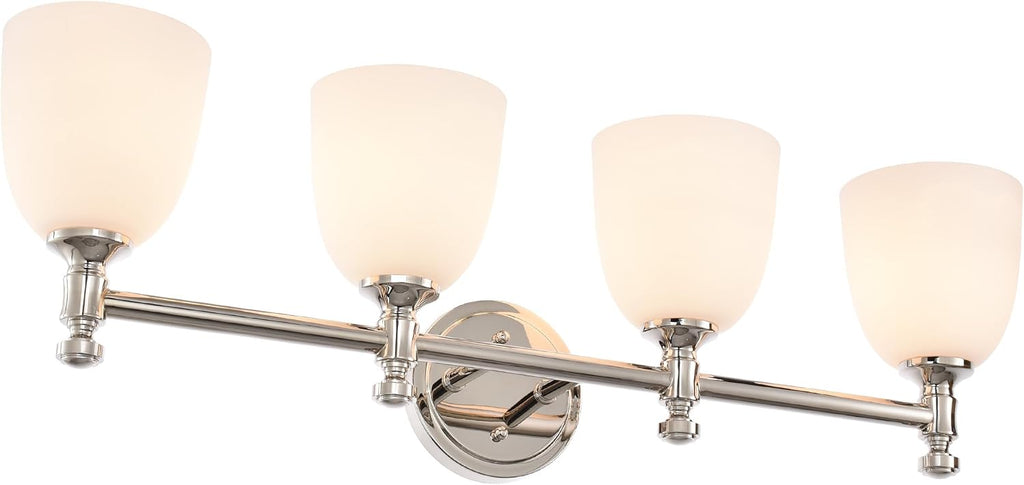 Bathroom Vanity Light, 4-Light Bathroom Light Fixtures Over Mirror, Traditional Vanity Lights for Living Room, Milk White Bell Glass Shades, Standard E26 Base, Polished Nickel