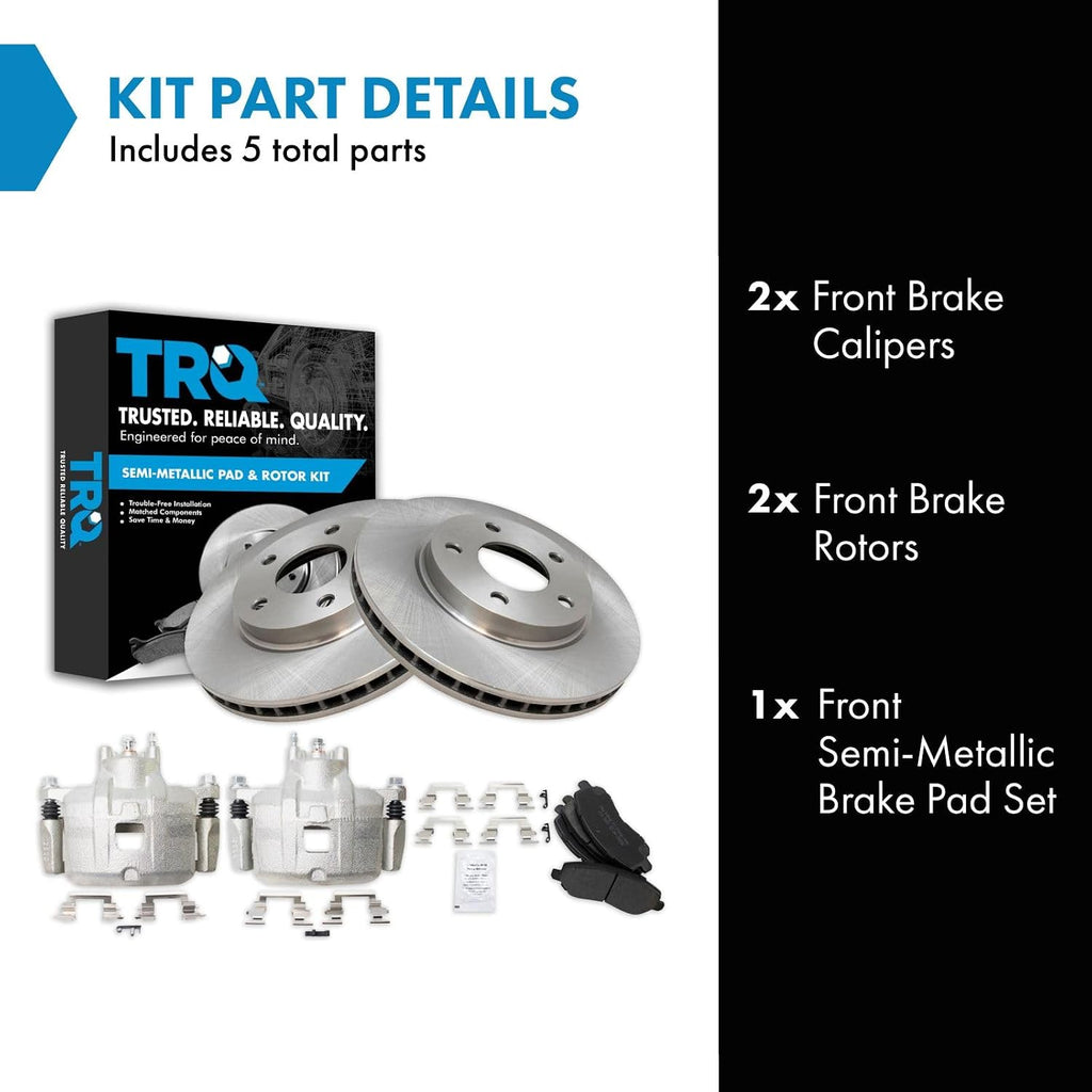 TRQ Front Brake Pad and Rotor Set Semi Metallic Vented Rotors Calipers Compatible with 2007-2012 Dodge Caliber