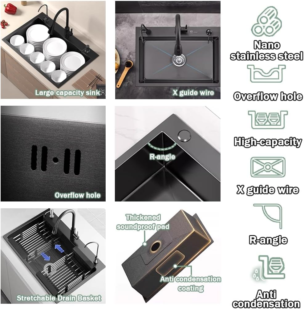 25.6 * 17.7in Drop In Kitchen Sink,Black Stainless Steel Single Bowl Sink,Topmount Workstation Sink With Pull Out Faucet,Soap Dispenser And Drain Basket