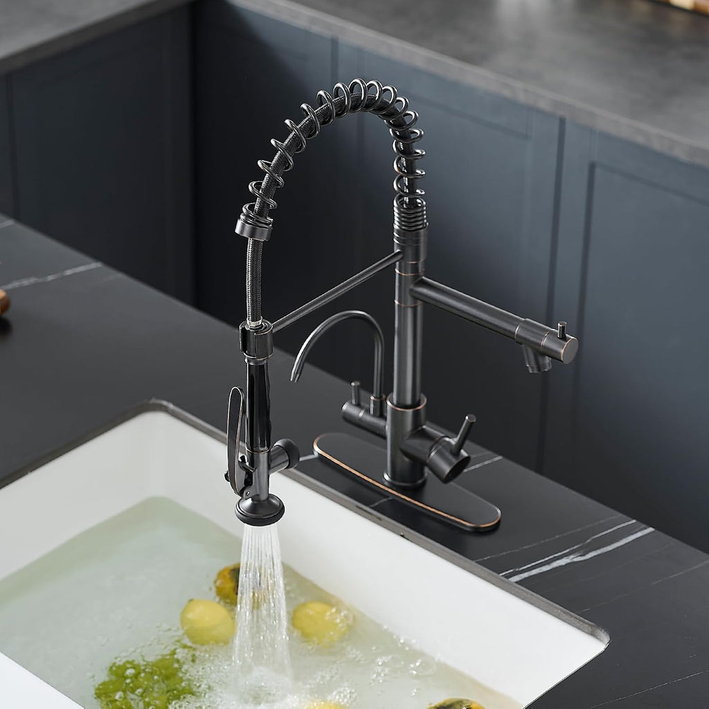 Fapully 3 in 1 Kitchen Faucet with Water Filler and Pull Down Sprayer, Oil Rubbed Bronze Commercial Kitchen Sink Faucet with Drinking Water Faucet for 1 or 3 Hole