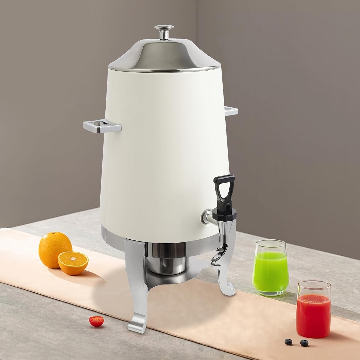 Coffee Urn With Fuel Holder, 3.5 Gallon/13L Stainless Steel Beverage Dispensers for Coffee Tea Hot Water, Hot Drink Dispenser with Stand, Chafer Urn with Spigot for Parties Catering (White)