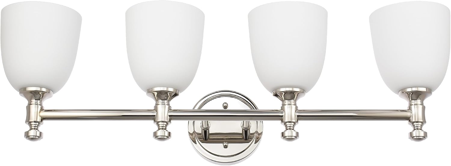 Bathroom Vanity Light, 4-Light Bathroom Light Fixtures Over Mirror, Traditional Vanity Lights for Living Room, Milk White Bell Glass Shades, Standard E26 Base, Polished Nickel