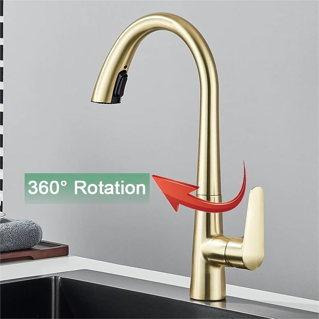 Kitchen Faucet Flexible Pull Out Mixer Tap Deck Mounted 360 Swivel 2 Mode Hot Cold Water Faucets(Brushed Gold)