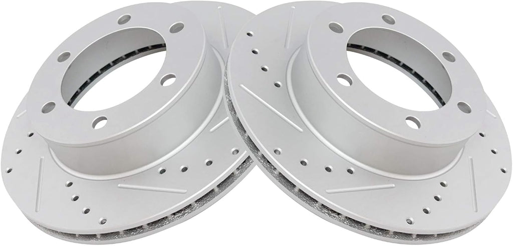 TRQ Performance Front Brake Pad and Rotor Set Ceramic G Coated Drilled Slotted Vented Rotors Compatible with 1996-2000 Toyota 4Runner