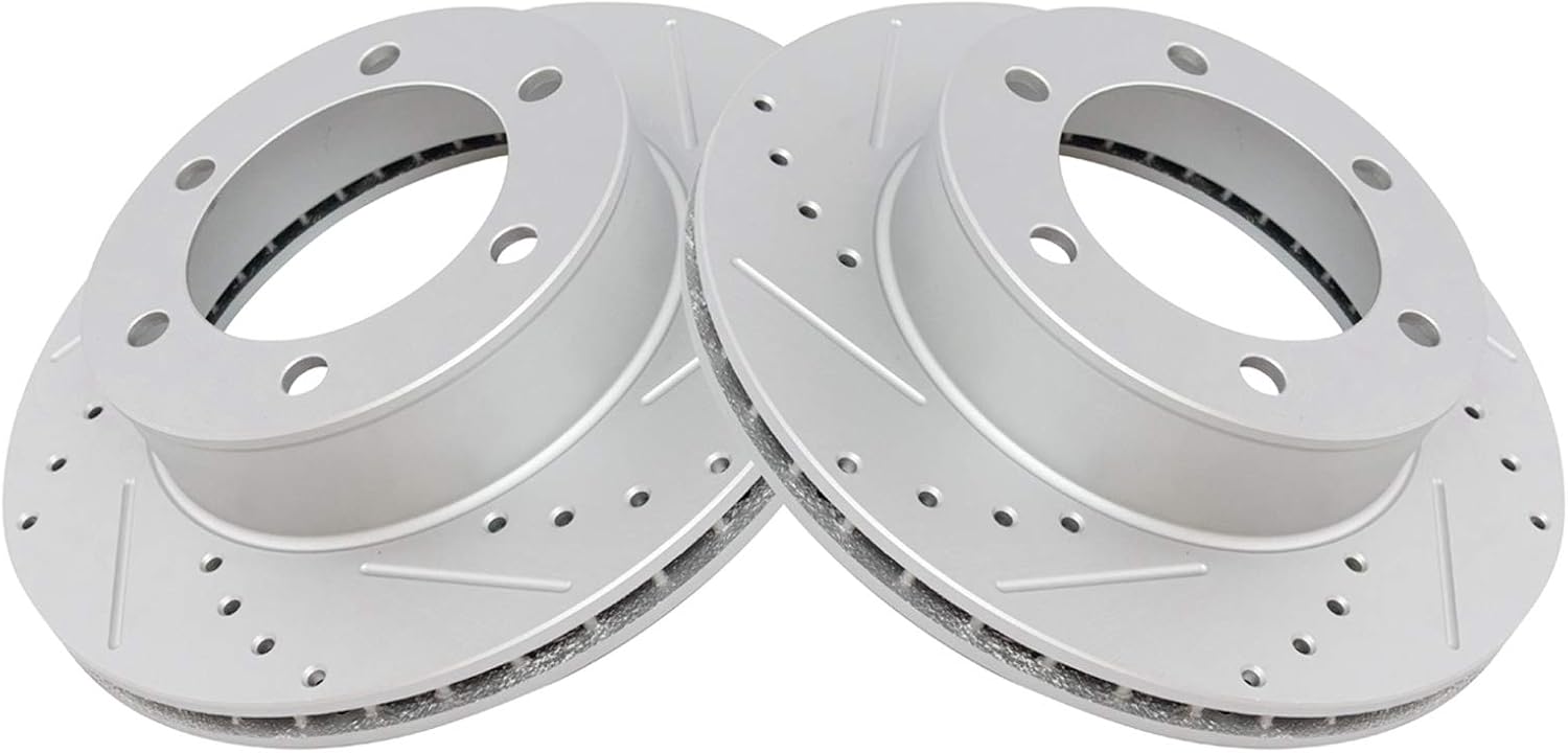 TRQ Performance Front Brake Pad and Rotor Set Ceramic G Coated Drilled Slotted Vented Rotors Compatible with 1996-2000 Toyota 4Runner