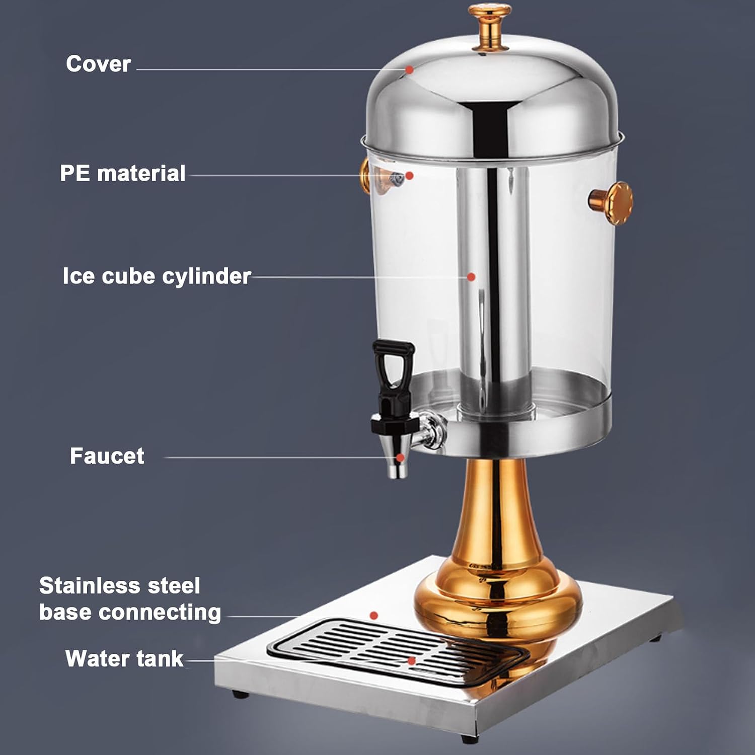 Cold and Hot Beverage Dispenser with Ice Container, Commercial 6.6 Gallon Stainless Steel Drink Dispensers Machine with Faucet for Hot Tea & Coffee, Cold Milk, Water, Juice,Gold