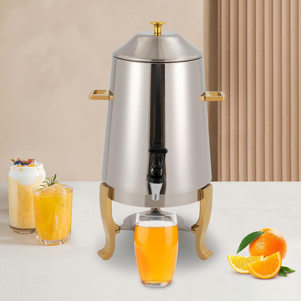Hot Beverage Dispenser Chafer Urn with Fuel Holder, 13L Stainless Steel Tea Water Coffee Chafer Urn Drinks Dispensers Can with Faucet for Party Buffet Catering, Gold, Fuel/Electric Heating