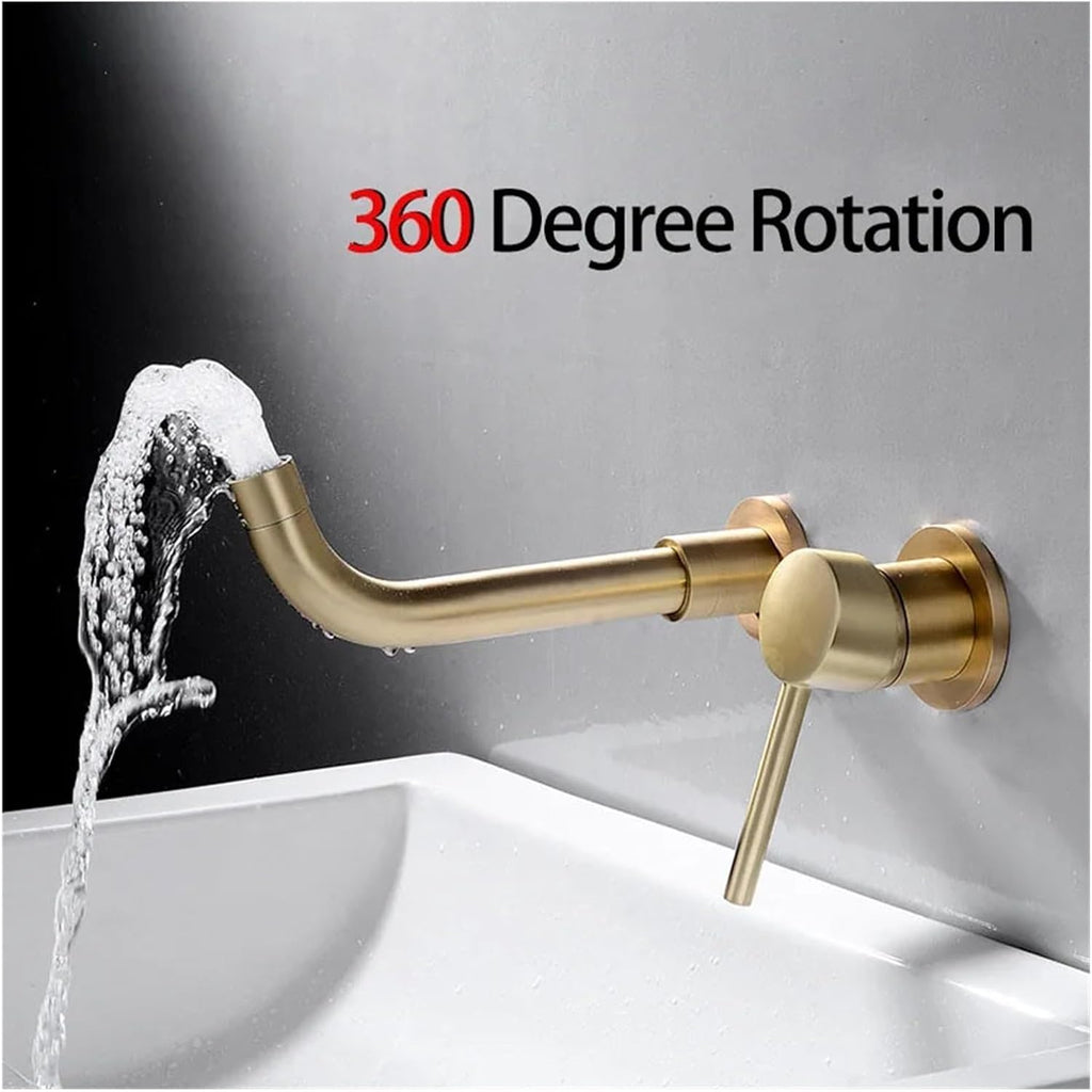 Bathroom Basin Hidden Wall Mounted Sink 360° Rotating Nozzle Bathtub Faucet hot and Cold Mixer (Gold Style2)