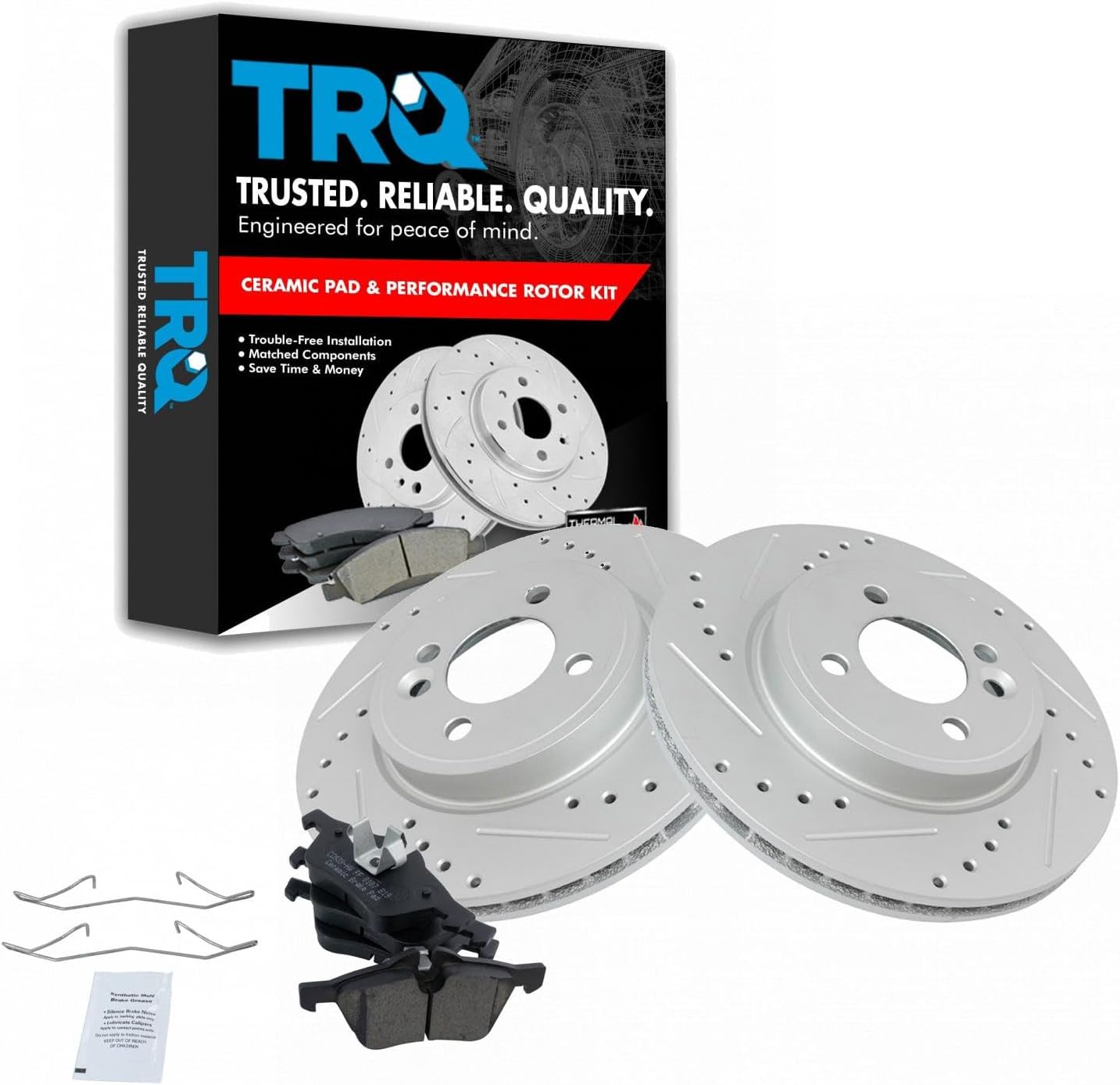TRQ Performance Front Brake Pad and Rotor Set Ceramic G Coated Drilled Slotted Rotors Compatible with 2002-2006 Mini Cooper