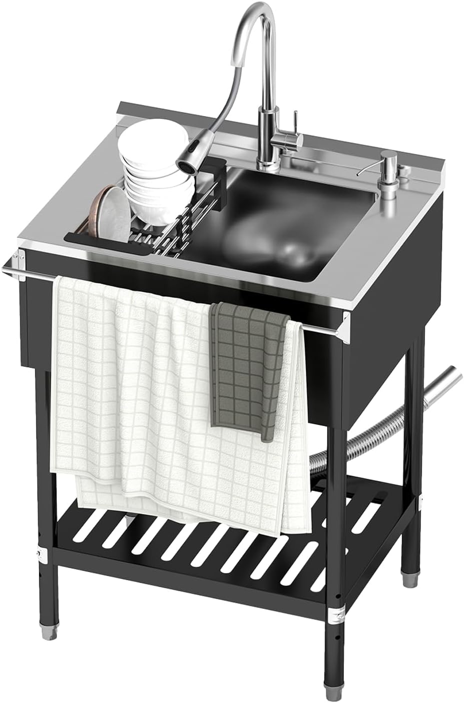Stainless Steel Utility Sink, 25.6'' Free Standing Single Bowl Sink with Pull-Out Faucet & Cold and Hot Water Pipe & basket, Indoor and Outdoor Sink for Laundry Room, Garage, Kitchen, Black