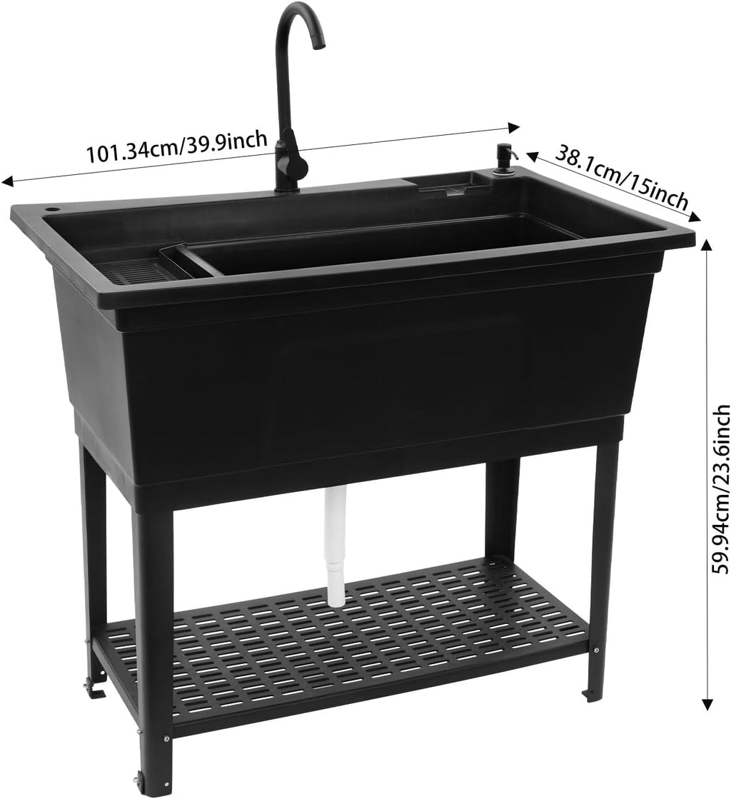 Free Standing Utility Sink, 39.9'L × 15'W × 23.6'H Freestanding Sink with Cold and Hot Water Faucet,Hoses, Soap Dispenser and Drain Kit for Kitchens, Bathrooms