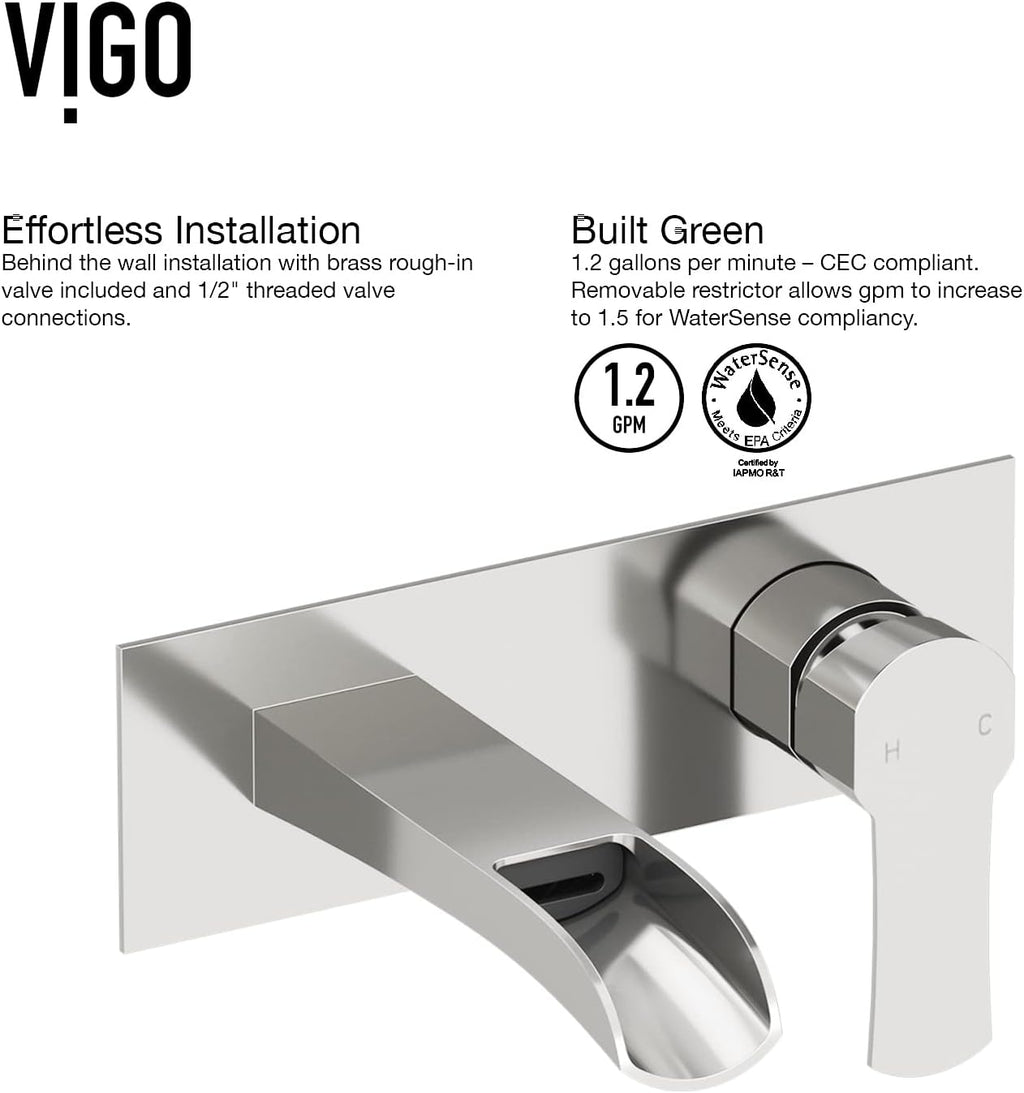 VIGO Cornelius Waterfall Single-Handle Two-Hole Wall Mount Bathroom Sink Faucet, Brushed Nickel, Modern Design, Solid Brass, 1.2 GPM WaterSense & Ceramic Disc Valve, Corrosion-Resistant - VG05004BN