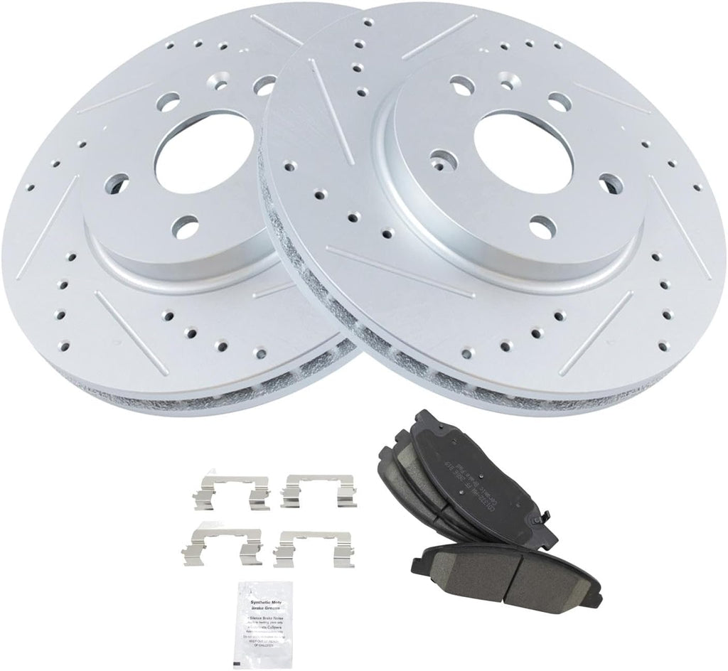 TRQ Performance Front Brake Pad and Rotor Set Ceramic Coated Drilled Slotted Vented Rotors Compatible with 2008-2014 Cadillac CTS