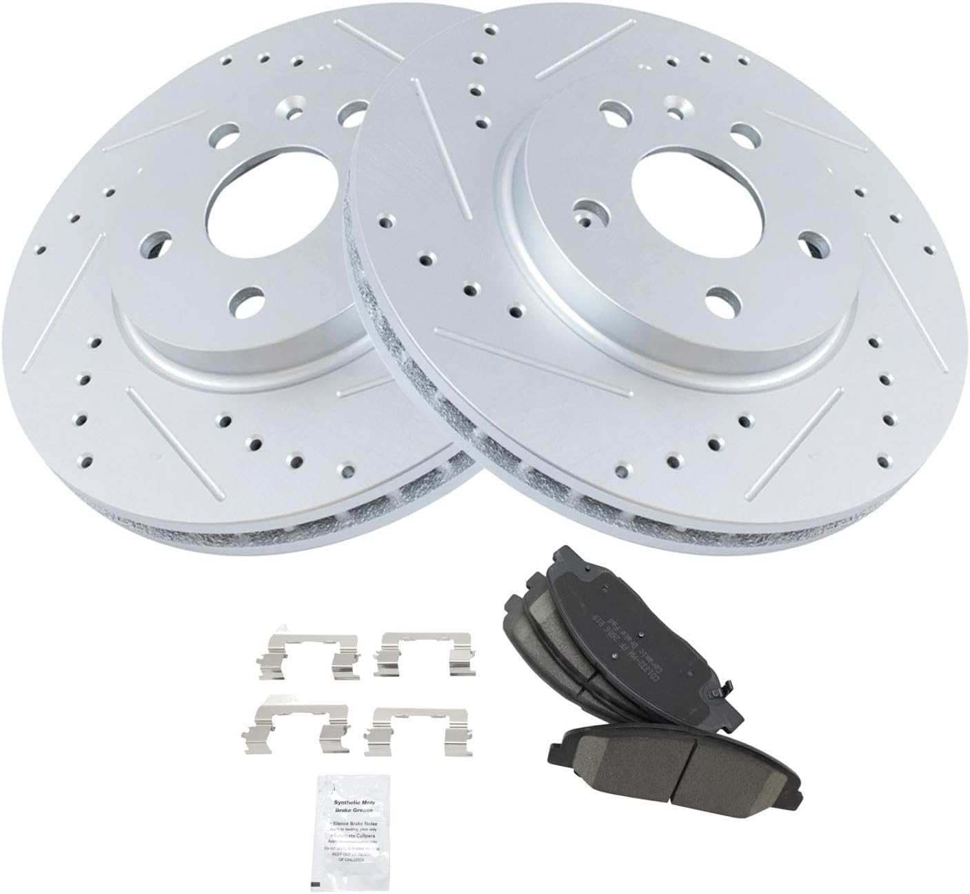 TRQ Performance Front Brake Pad and Rotor Set Ceramic Coated Drilled Slotted Vented Rotors Compatible with 2008-2014 Cadillac CTS