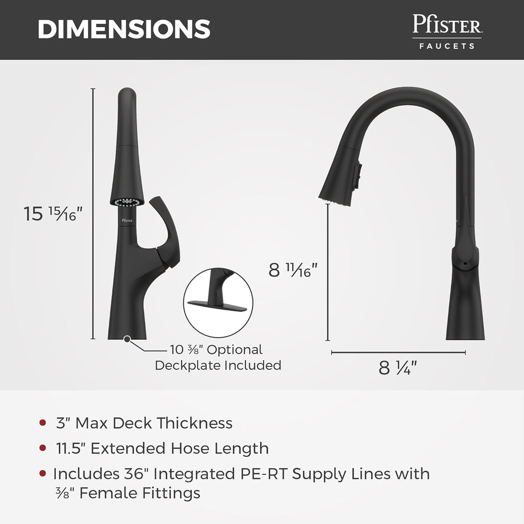 Pfister Talega Pull-Down Kitchen Faucet with Sprayer in Matte Black - Single Handle High Arc Spout with 3 Water Settings, 360° Swivel, and MagnePfit Magnetic Docking for Kitchen Sink