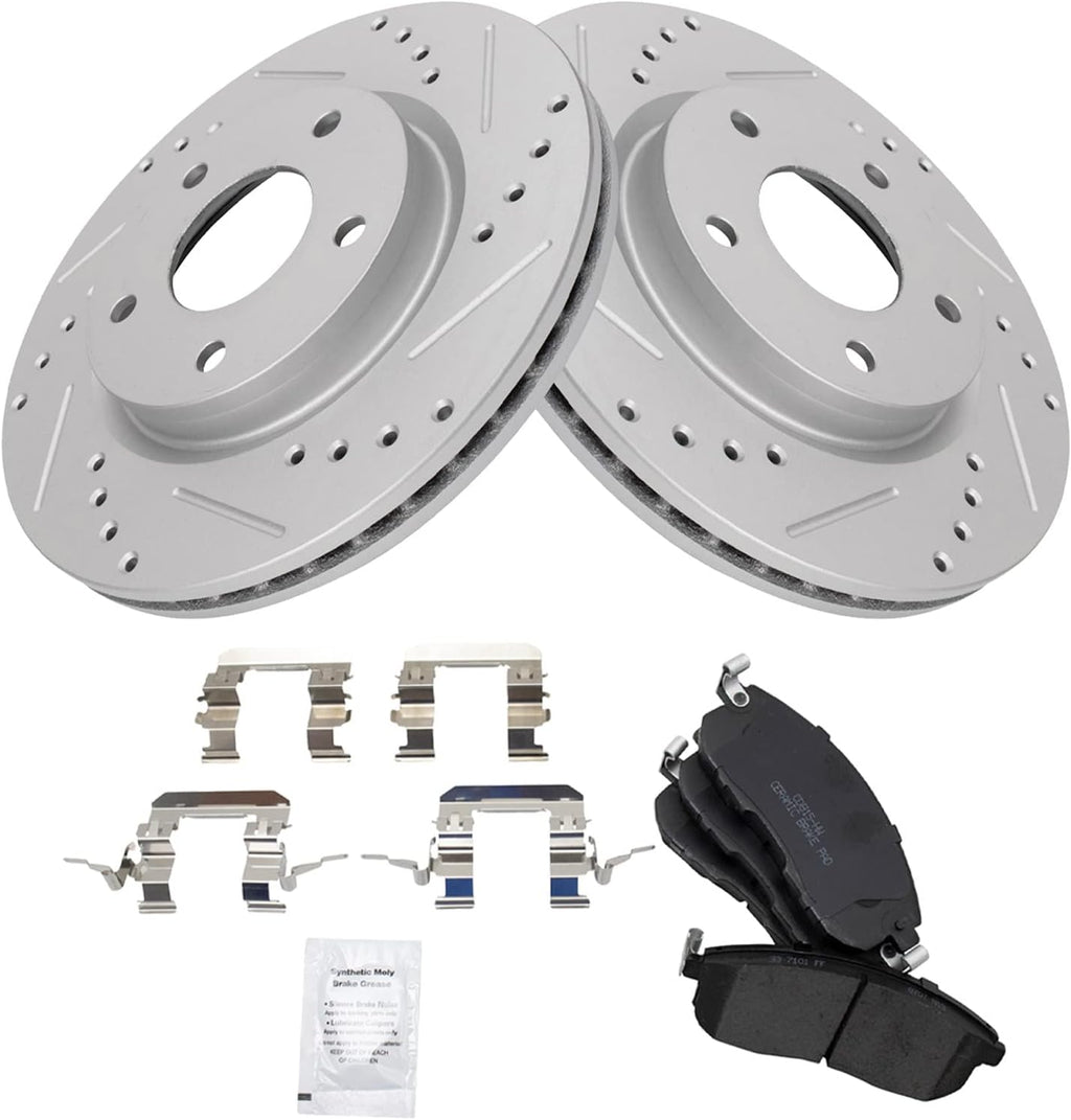 TRQ Performance Front Brake Pad and Rotor Set Ceramic G Coated Drilled Slotted Vented Rotors Compatible with 2013-2019 Nissan Sentra