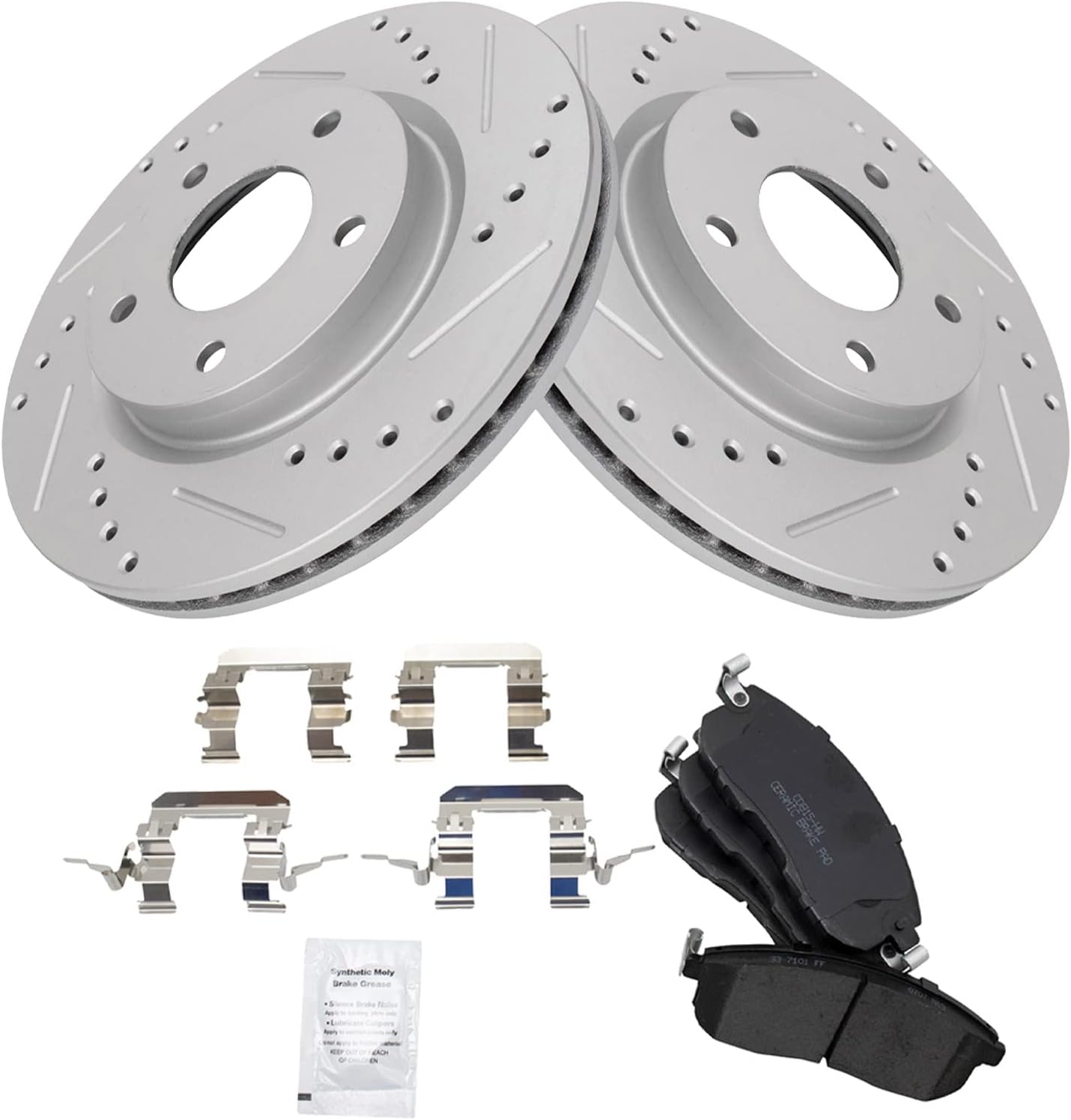 TRQ Performance Front Brake Pad and Rotor Set Ceramic G Coated Drilled Slotted Vented Rotors Compatible with 2013-2019 Nissan Sentra