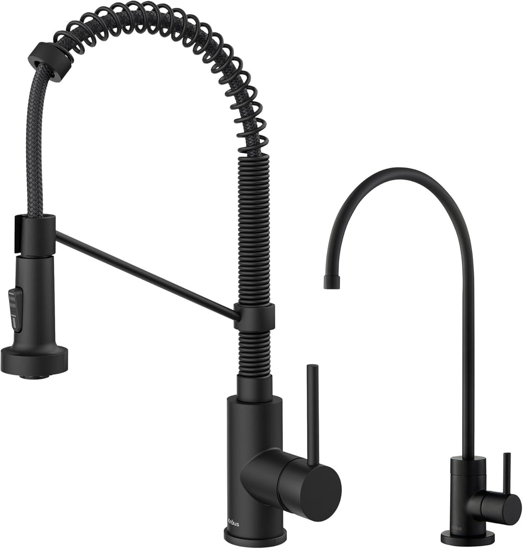 KRAUS Bolden Commercial Style Pull-Down Kitchen Faucet and Purita Water Filter Faucet Combo in Matte Black, KPF-3121-FF-100MB