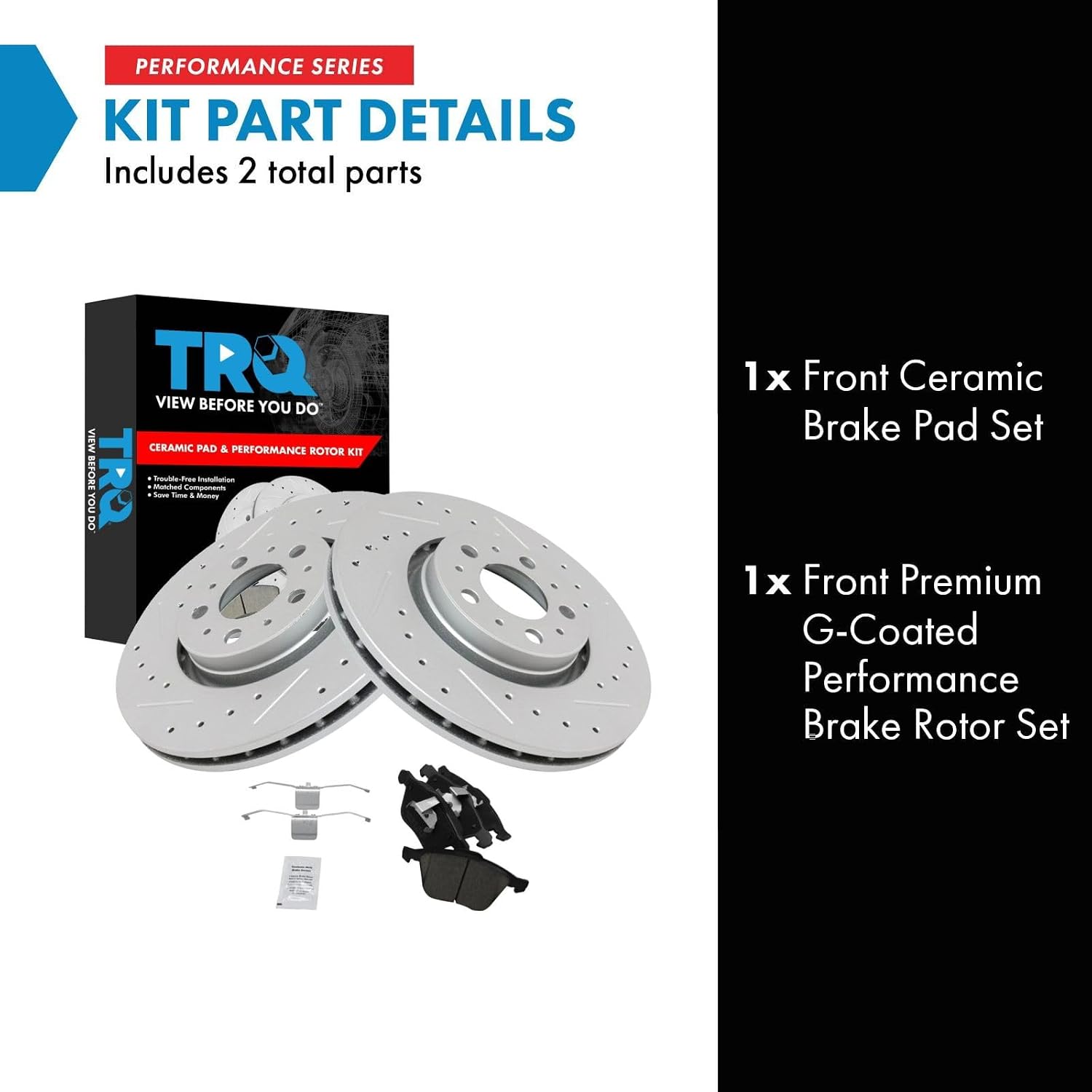 TRQ Performance Front Brake Pad and Rotor Kit Ceramic Slotted Drilled G-Coated Compatible with 2003-2013 Volvo XC90