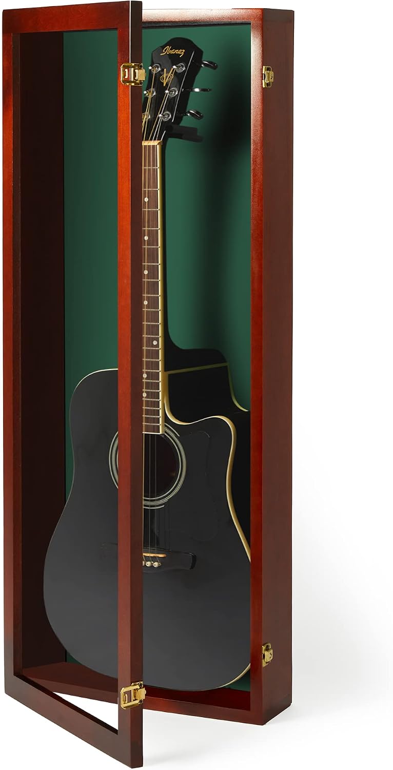 PENNZONI Acoustic Guitar Display Case - Acrylic Acoustic Guitar Case - Guitar Display Case Wall Mount Made from Hardwood Frame & Clear Acrylic - Cherry w/ Felt Green