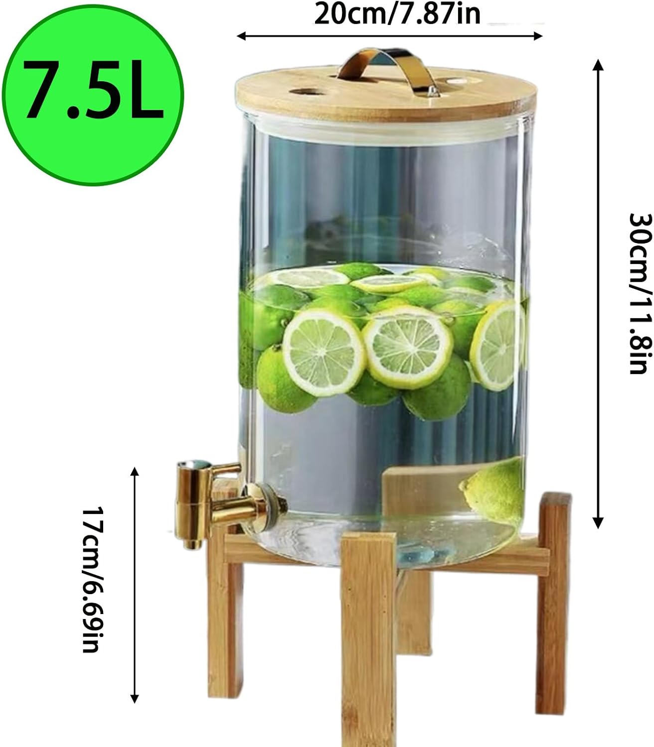 Glass Drink Dispenser,Drinkware with Stand and Lid,Cold Water Pitcher,Juice Pitcher for Parties,Bars,Weddings,Homemade Juices,Picnics,Barbecues and Daily,Silver(Gold Faucet + Bracket 7.5L)