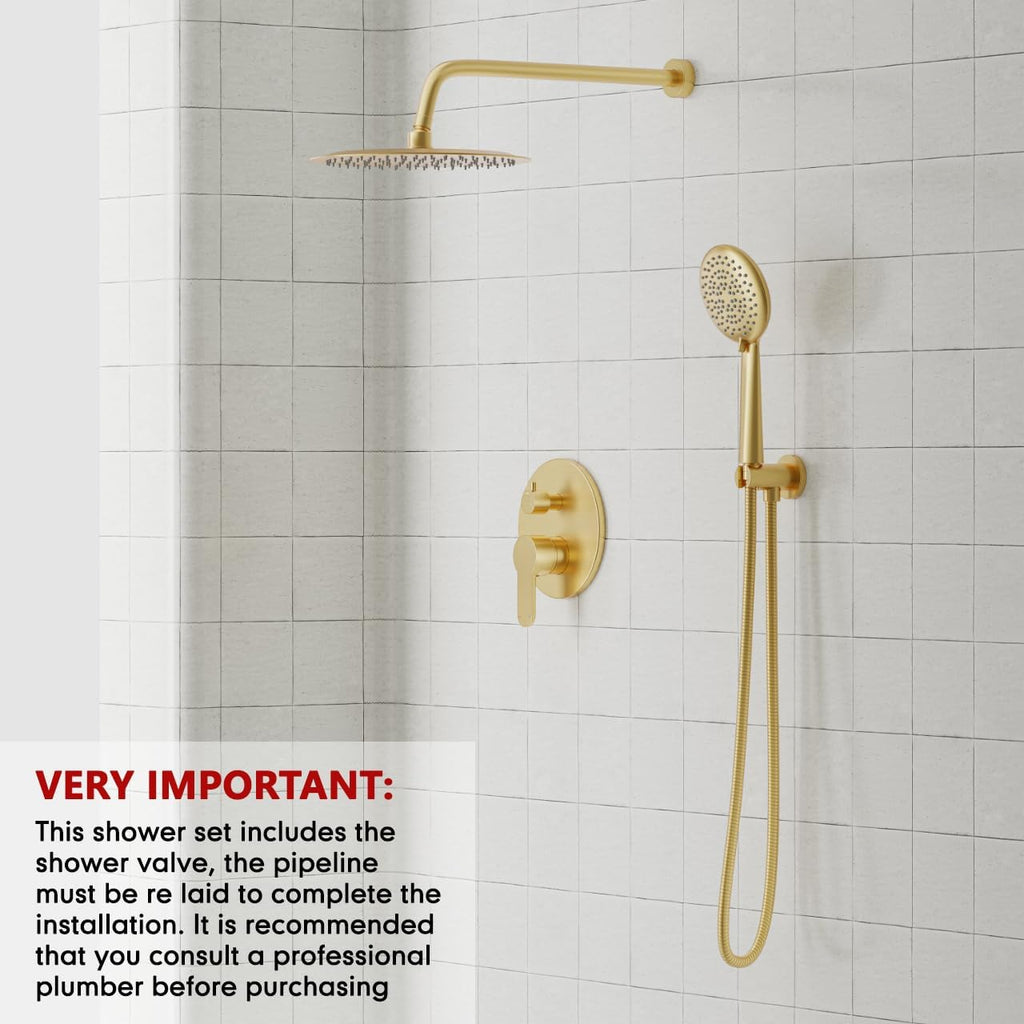 Gabrylly Gold Shower Head System, Shower Faucet Set with Pressure Balance Shower Valve, 10 Inch Shower Heads with 5-Setting handheld Spray Combo, High Pressure Shower Fixtures, Brushed Gold