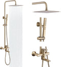 Exposed Shower System 10' Brushed Gold Rainfall Shower Head with 2 Modes Handheld and Tub Faucet Set, Square Shower Head 3 Functions Outdoor Shower Fixtures with Brass Valve, Height Adjustable