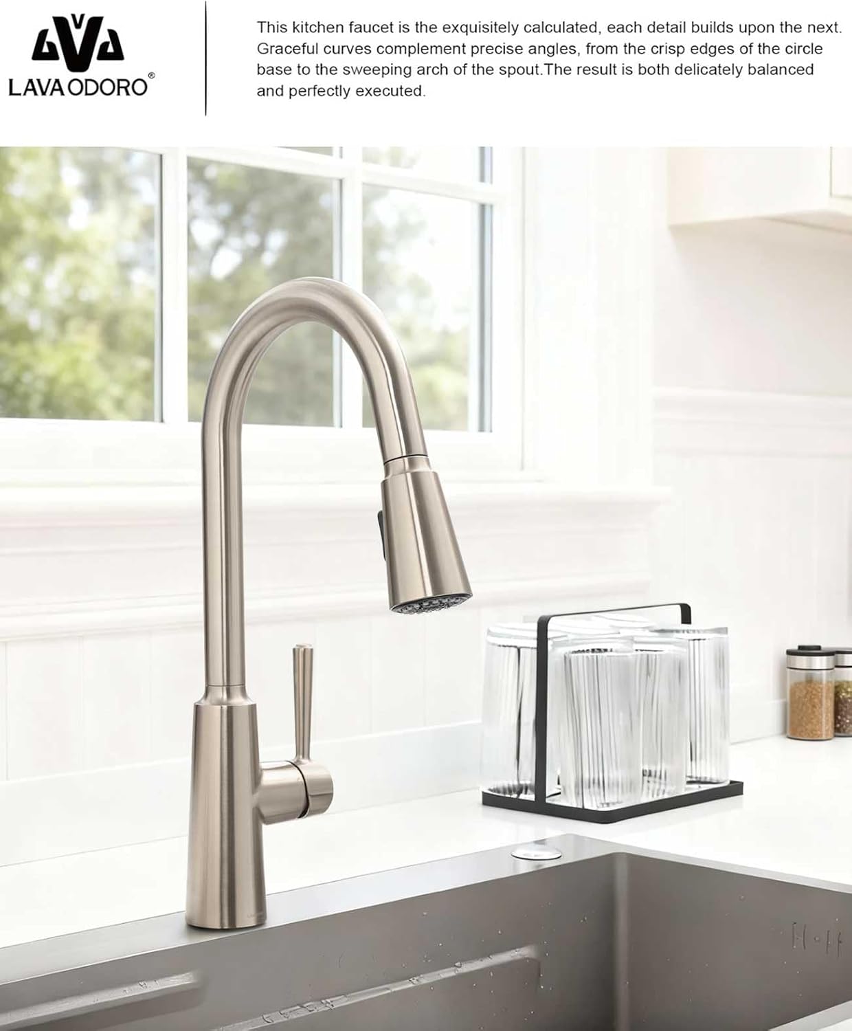 Lava Odoro Brushed Nickel Kitchen Faucet with Pull Down Sprayer, Modern Kitchen Sink Faucet with Magnetic Docking Spray 2-Function, Single Handle Faucet for Kitchen Sink 1 Hole and 3 Hole, KF241-BN