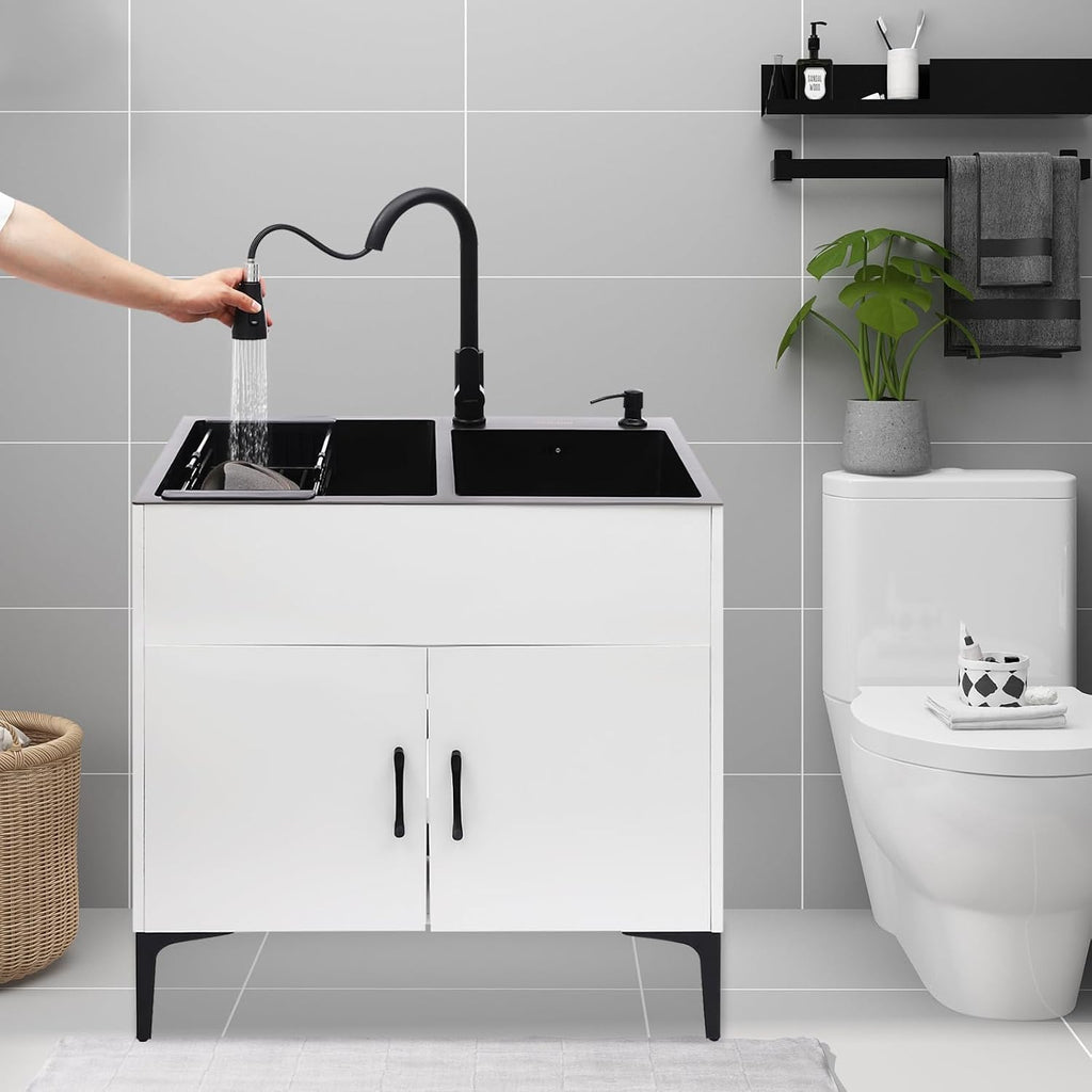 30-Inch Laundry Sink with Cabinet and Pull-Out Sprayer Fauce, Freestanding Kitchen Sink Cabinet w/Stainless Steel Double Sink & Draining Basket, Wash Station Tub for Laundry & Utility Room, Bathroom