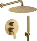 Brushed Gold Shower Fixture Set Has 12 Inch Rain Shower Head with Handheld Showerhead, Brushed Brass Gold Shower System with Solid Brass Valve The Golden Brushed Shower Faucet for Bathroom
