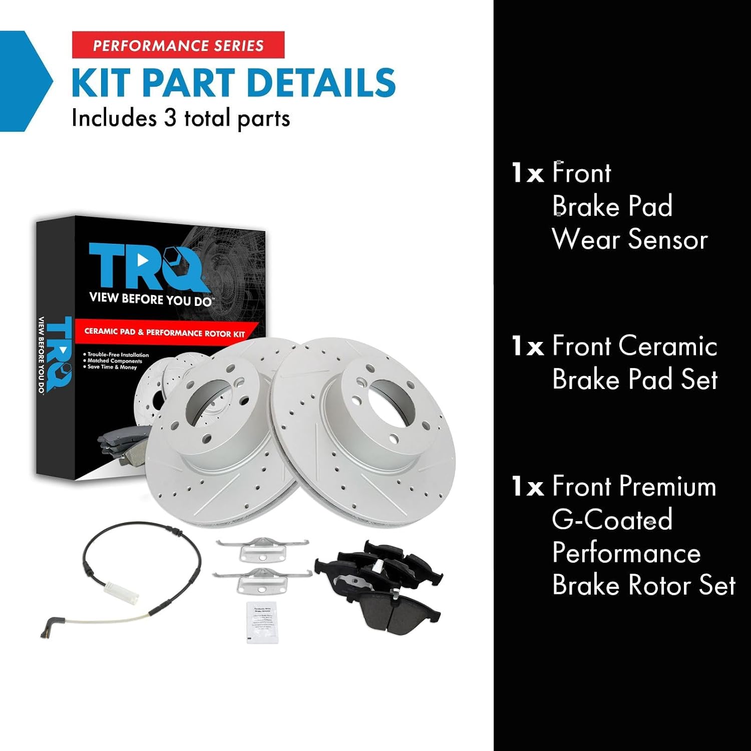 TRQ Performance Front Brake Pad and Rotor Set Ceramic Coated Drilled Slotted Wear Sensor Compatible with 2010 BMW 328i 2010 328i xDrive