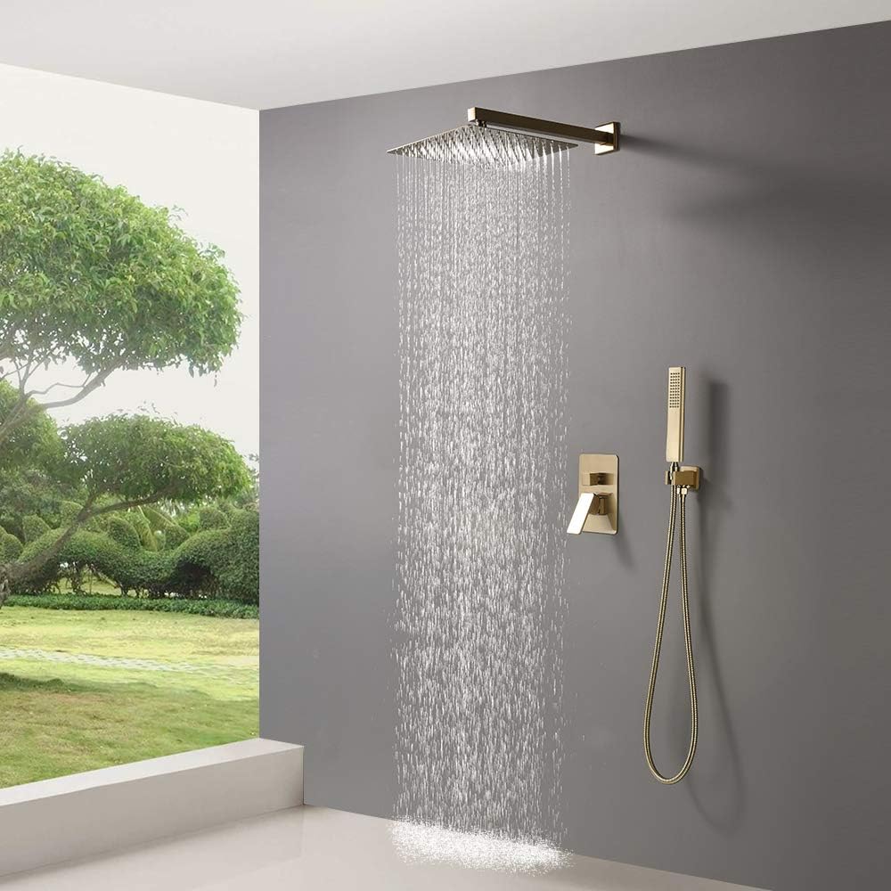 Brushed Gold Shower System, Golden Shower Fixture with 12 Inch Rain Shower Head and Handheld Shower Head, Rainfall Shower Faucet with Brass Valve for Bathroom