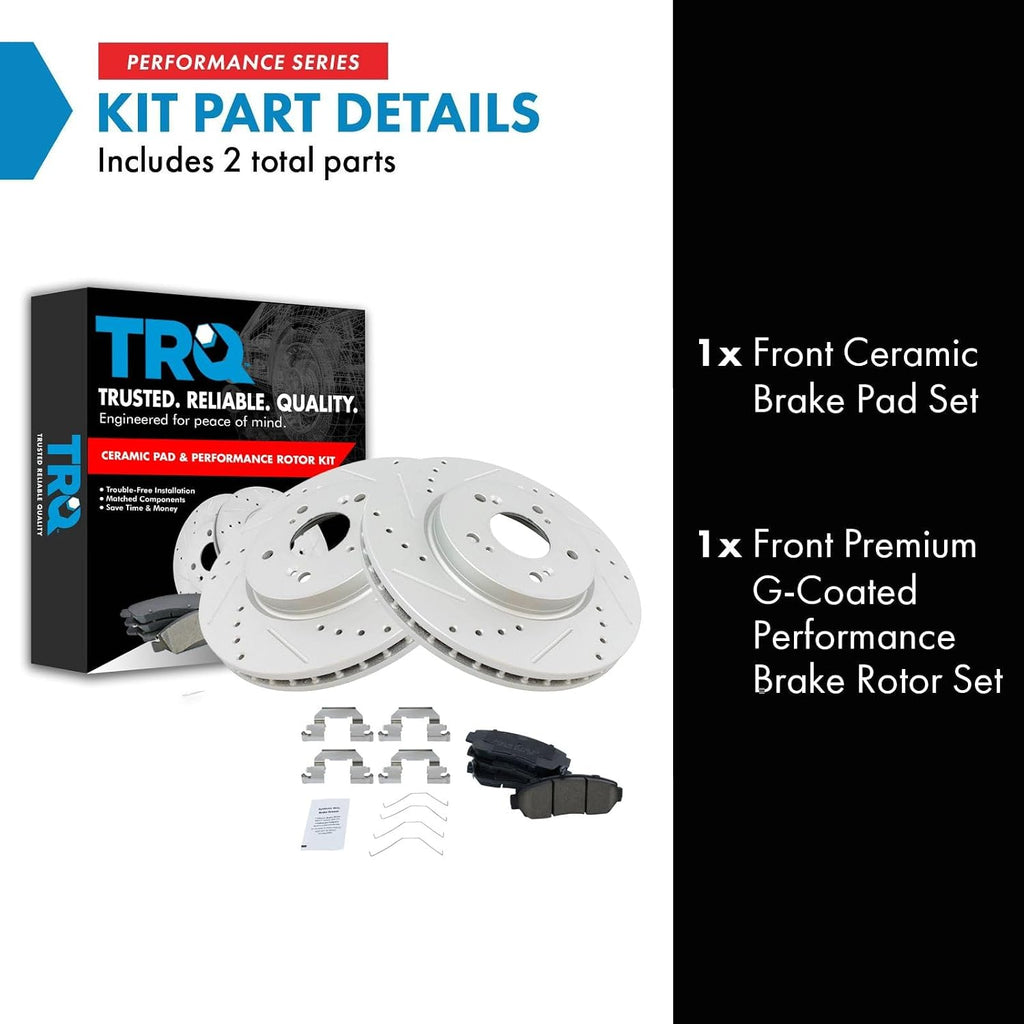 TRQ Performance Front Brake Pad and Rotor Set Ceramic G Coated Drilled Slotted Vented Rotors Compatible with 2011 Honda Accord Crosstour 2012-2016 CR-V 2012-2015 Crosstour