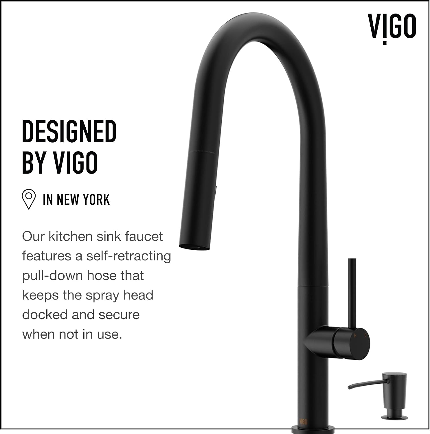 VIGO Greenwich 18'' H Single Handle Pull-Down Sprayer Kitchen Faucet Set with Soap Dispenser in Matte Black-VG02029MBK2