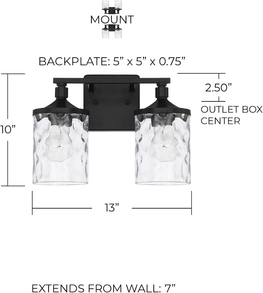 HomePlace Lighting 128821MB-451 Colton Mid-Century Clear Water Glass Bathroom Vanity Wall Light, 2-Light 200 Total Watts, 10' H x 13' W, Matte Black