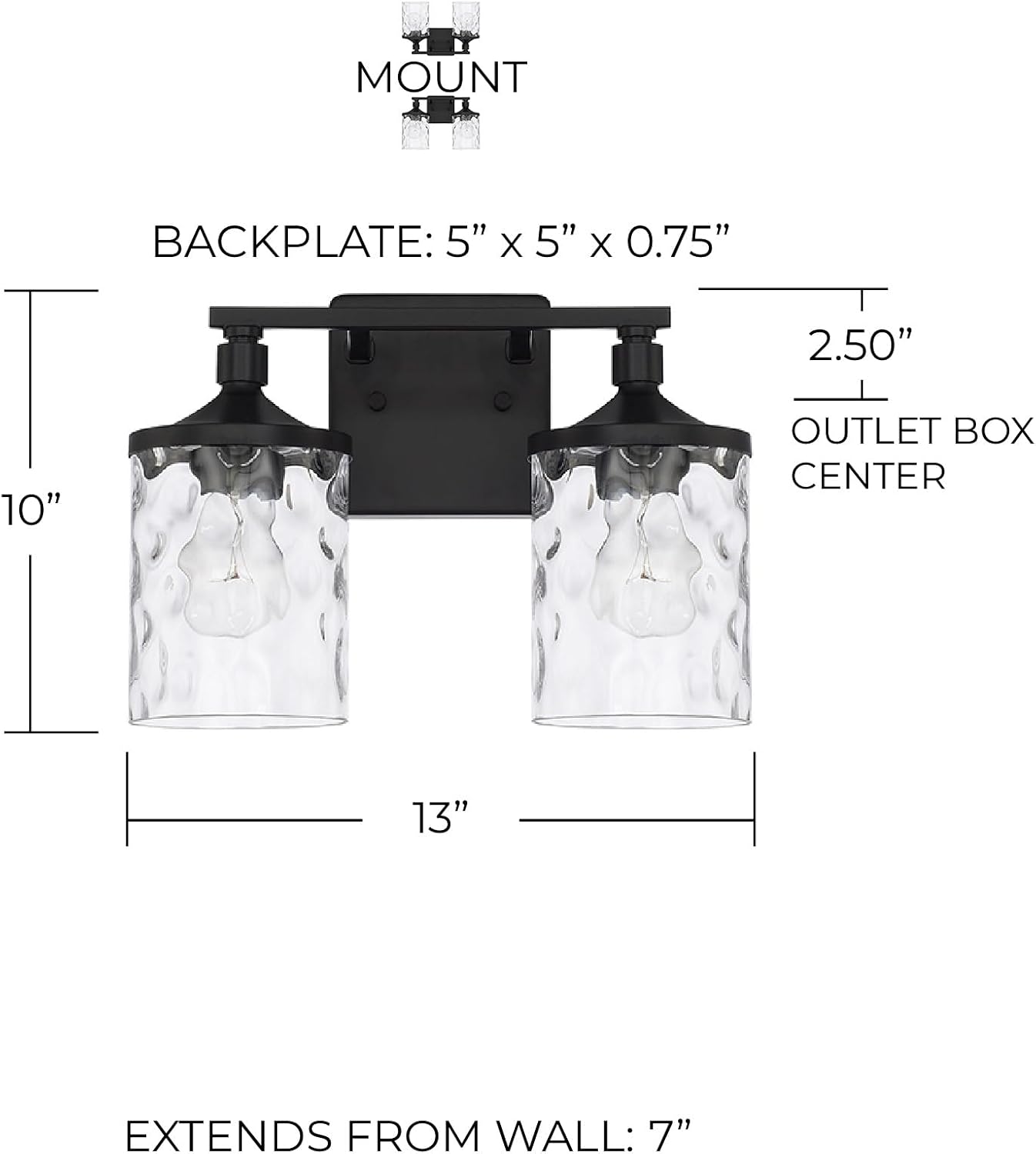 HomePlace Lighting 128821MB-451 Colton Mid-Century Clear Water Glass Bathroom Vanity Wall Light, 2-Light 200 Total Watts, 10' H x 13' W, Matte Black