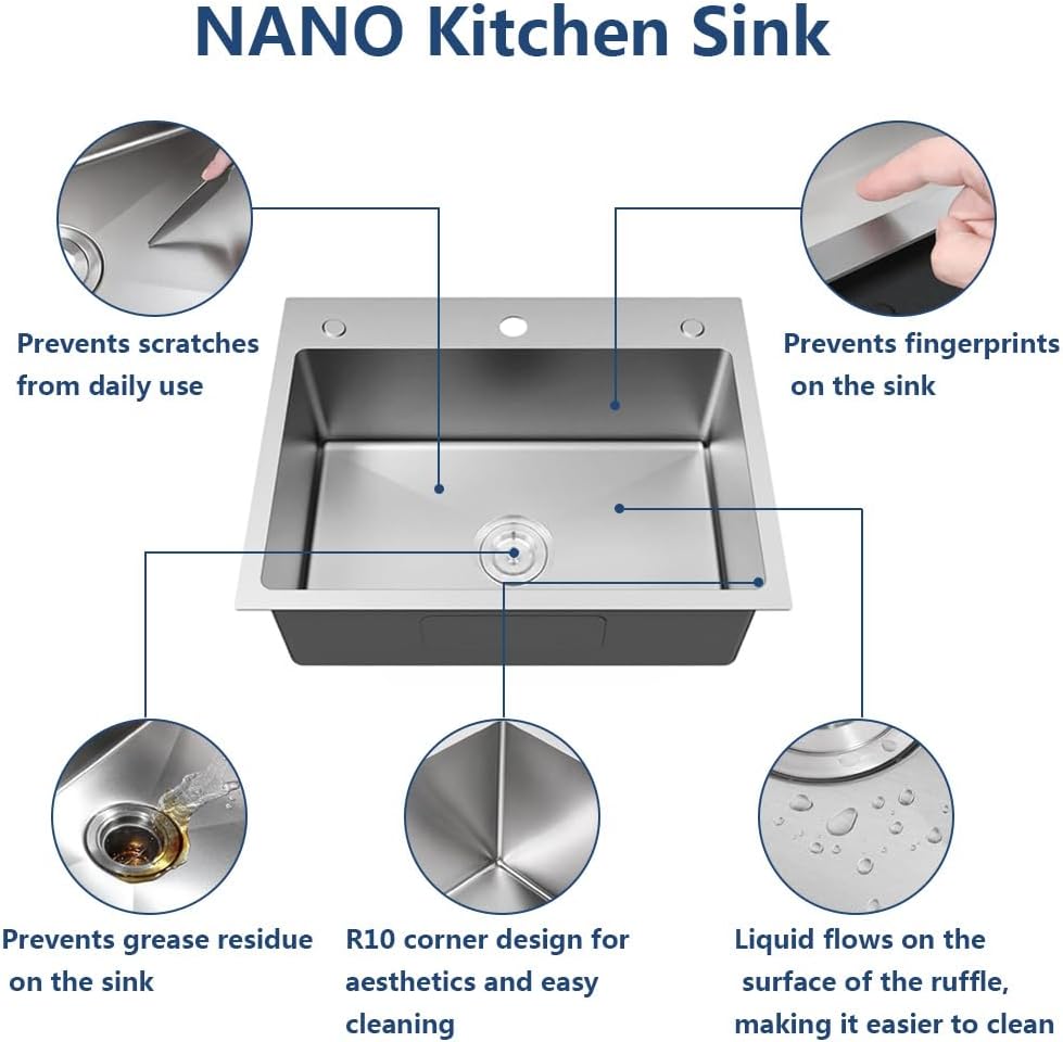 ARTLINE Stainless Steel Kitchen Sink, Drop In Single Bowl Sink, Topmount Workstation Sink with Sliding Accessories, Farmhouse Workstation sink with Multiple Accessories (21.7 x 17.7in)