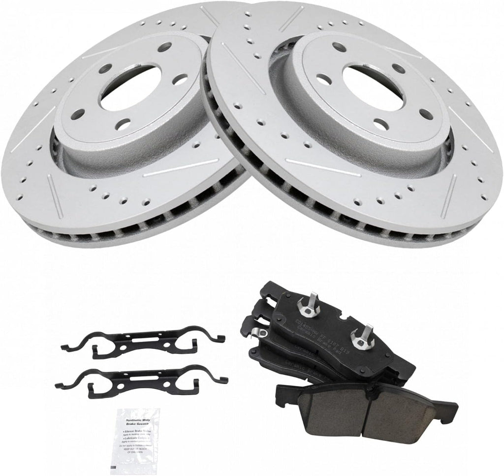 TRQ Performance Front Brake Pad and Rotor Set Ceramic Coated Drilled Slotted Vented Rotors Compatible with 2011-2016 Dodge Durango Grand Cherokee