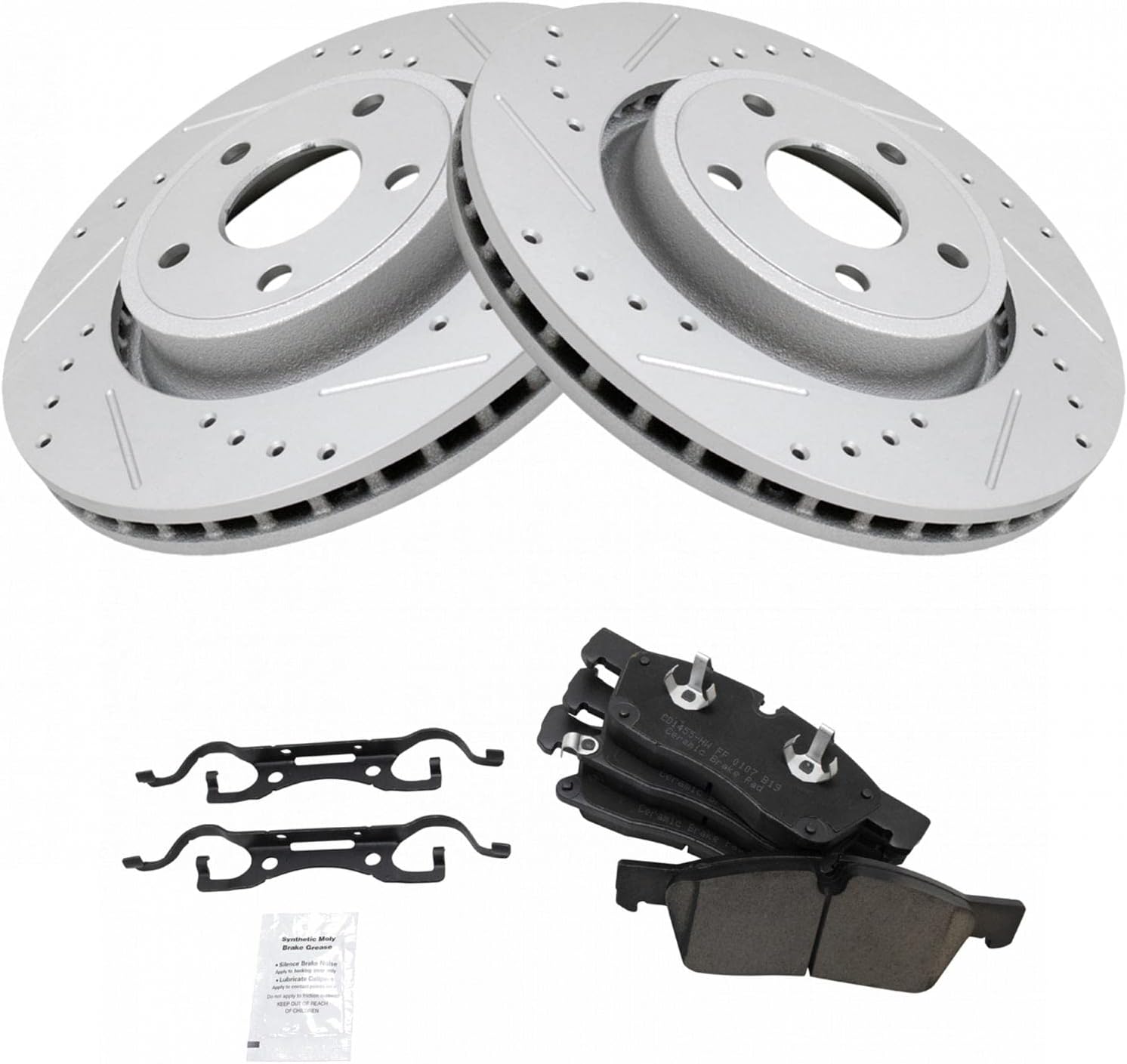 TRQ Performance Front Brake Pad and Rotor Set Ceramic Coated Drilled Slotted Vented Rotors Compatible with 2011-2016 Dodge Durango Grand Cherokee
