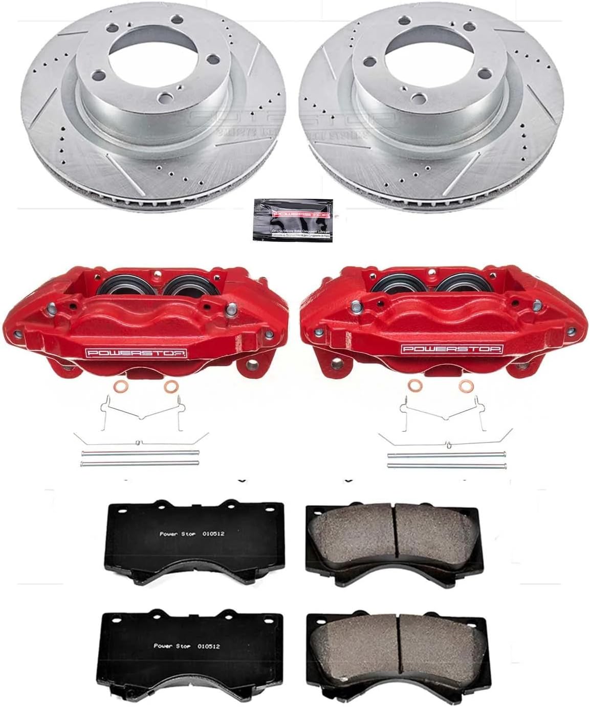 PowerStop Front Brake & Caliper Kit for Toyota Sequoia 2008-15 | Toyota Tundra 2007-15 - Carbon-Fiber Ceramic Brake Pads + Drilled & Slotted Rotors + Red Powder Coated Calipers, KC2952A