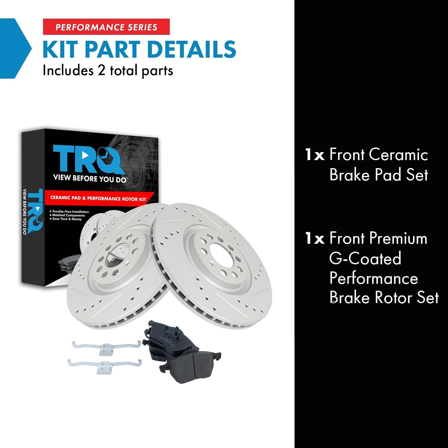 TRQ Performance Front Brake Pad and Rotor Set Ceramic Slotted Drilled G-Coated Compatible with 2000-2006 Audi TT 2000-2006 TT Quattro 2002-2003 Volkswagen Golf