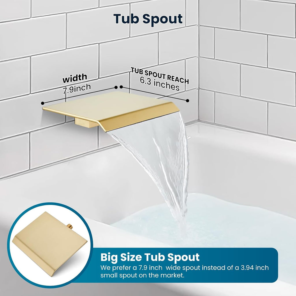 gotonovo 10'' Rain Shower Faucet System Rainfall Shower Head with Handheld Sprayer Waterfall Tub Spout Wall Mounted Mixer Combo Rough-in Valve and Trim Included 7.9 Inch Wide Spout Brushed Gold