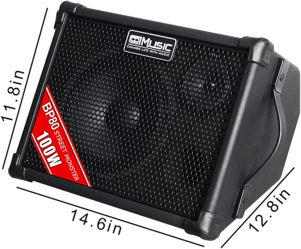 Coolmusic BP80 Battery Powered Acoustic Guitar Amplifier- Portable Bluetooth Speaker 100W, 6 Inputs,3 Band EQ,Black(3-Year Warranty)