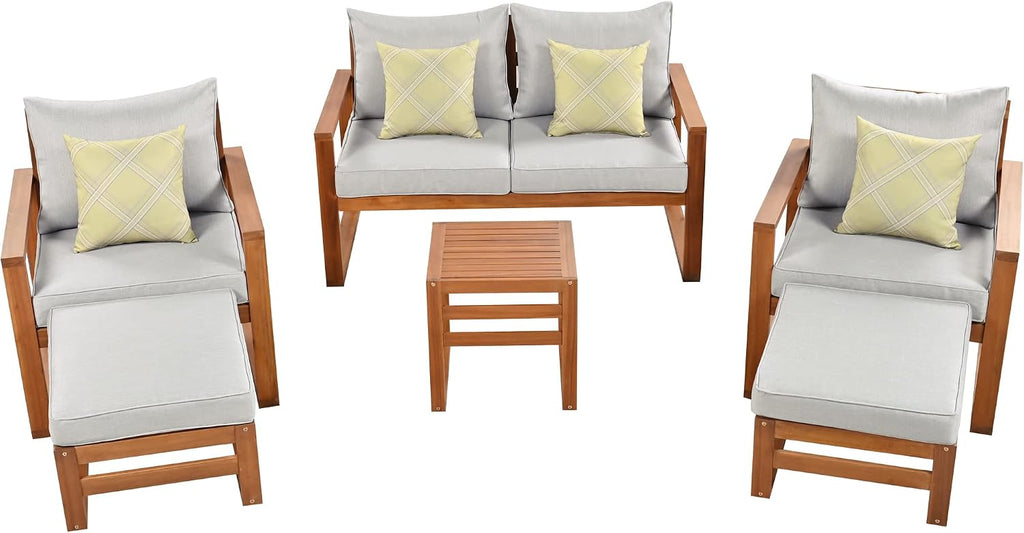 Outdoor Acacia Wood 6-Piece Conversation, Sectional Garden Seating Groups Chat Set, with Ottomans and Cushions, 4 Throw Pillows, for Balcony Backyard Porch (Grey-0H)