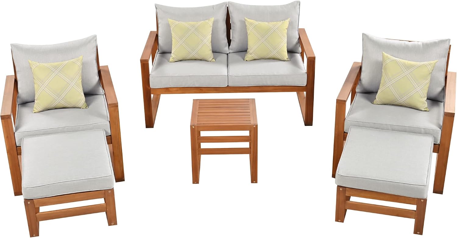 Outdoor Acacia Wood 6-Piece Conversation, Sectional Garden Seating Groups Chat Set, with Ottomans and Cushions, 4 Throw Pillows, for Balcony Backyard Porch (Grey-0H)